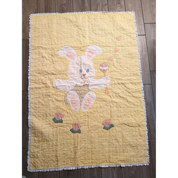 Handmade Vintage Baby Blanket, Yellow Gingham Bunny Rabbit Easter Spring Lace - Picture 2 of 3